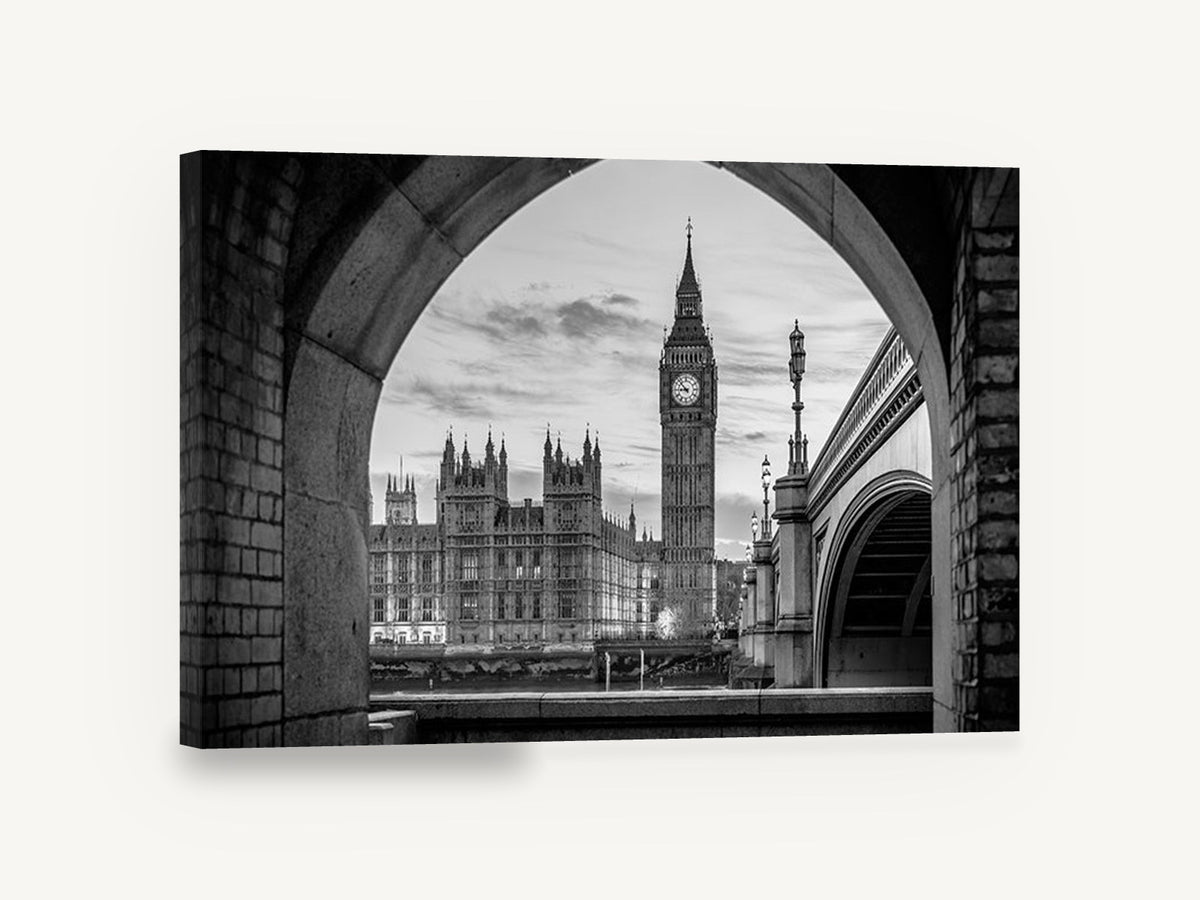 Westminster Through the Arch, big ben through arch black and white photograph, city canvas wall art print ready to hang