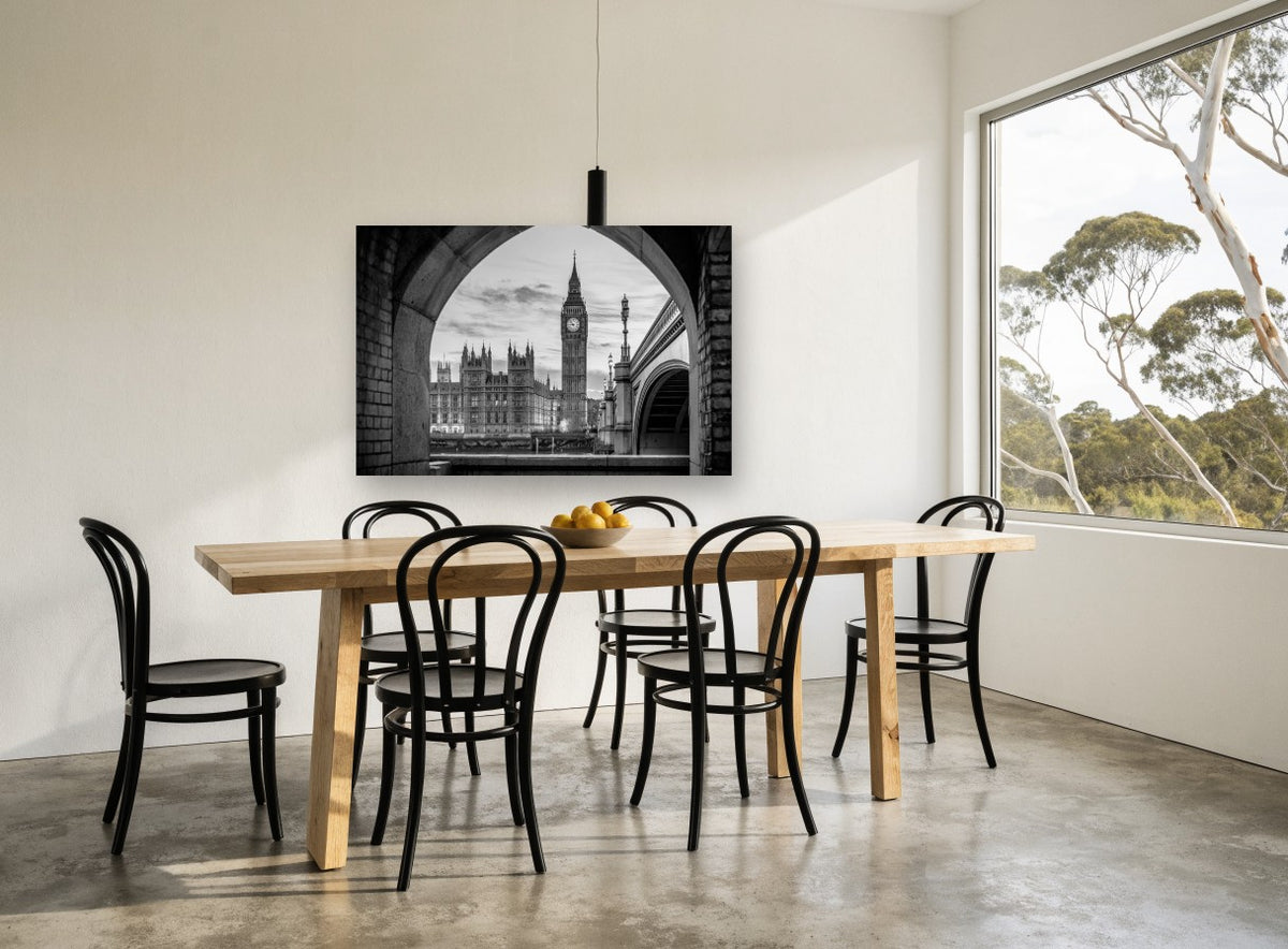 Westminster Through the Arch city canvas print on the wall of a dining room