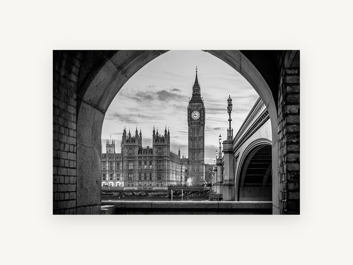 Westminster Through the Arch, big ben through arch black and white photograph, city canvas wall art print, front view