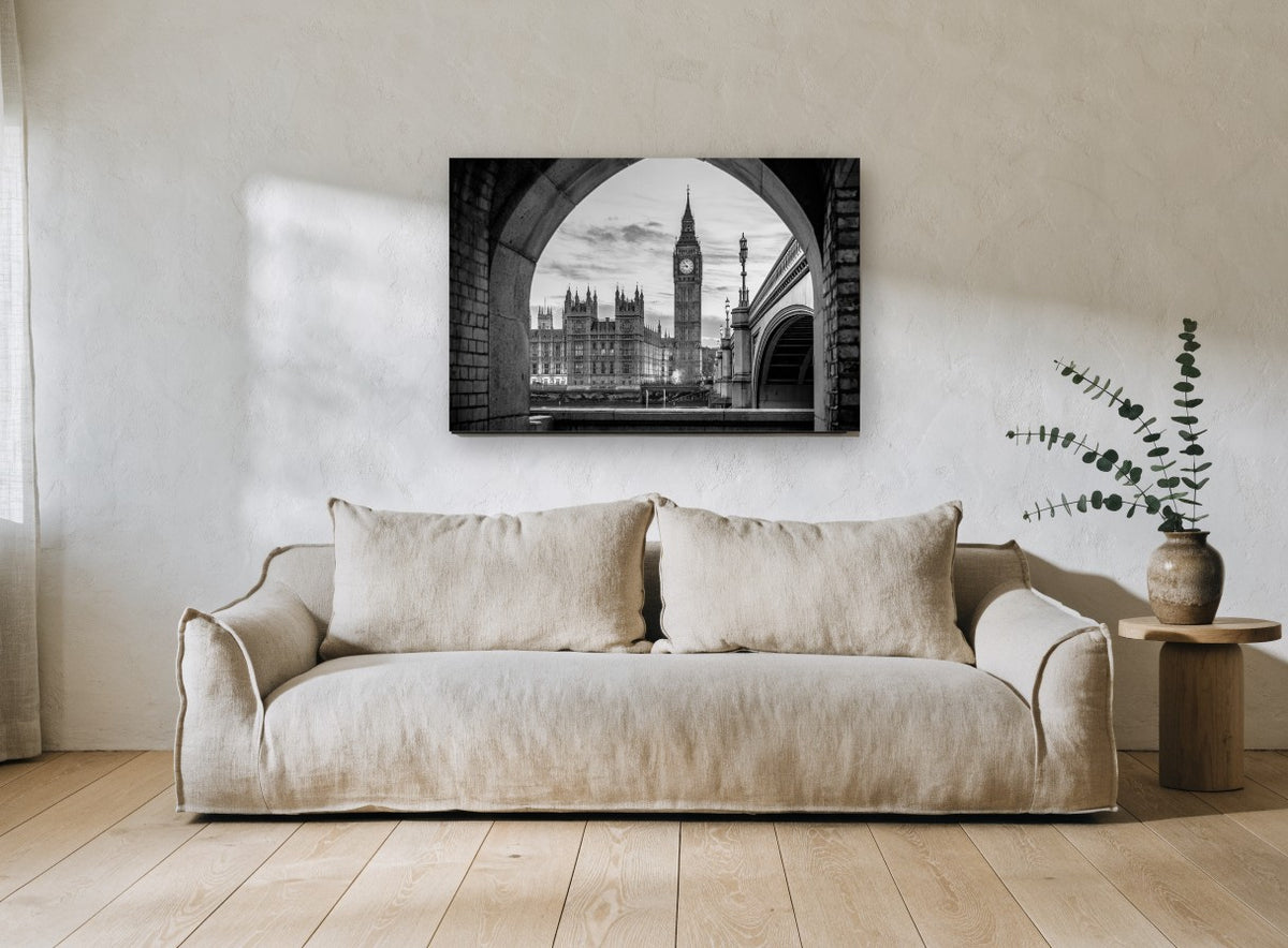 Westminster Through the Arch city canvas print on the wall of a living room