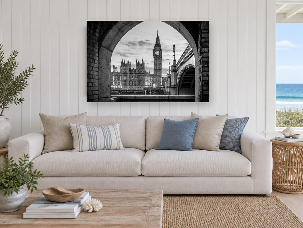 Westminster Through the Arch city canvas print on the wall of a beach house living room