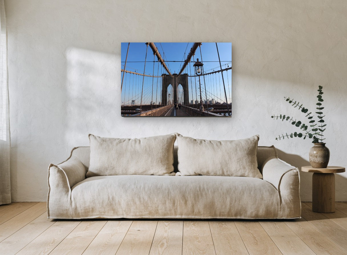Brooklyn Bridge Cables city canvas print on the wall of a living room