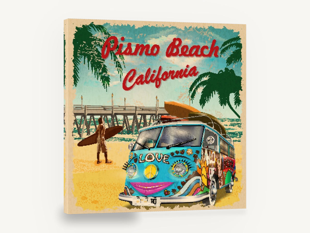 Pismo Beach Surf Bus, retro pismo beach surf travel poster, stretched canvas wall art print ready to hang