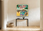 Pismo Beach Surf Bus vintage canvas print on the wall of a hallway
