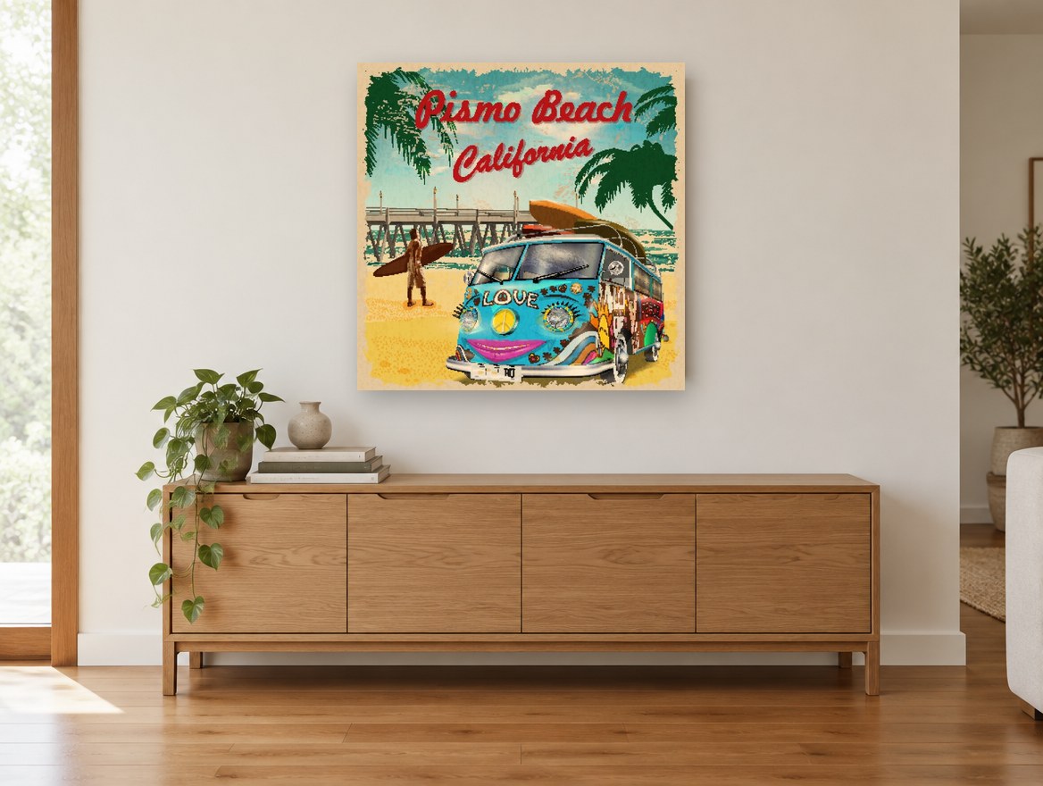 Pismo Beach Surf Bus vintage canvas print on the wall of a living room above a sideboard