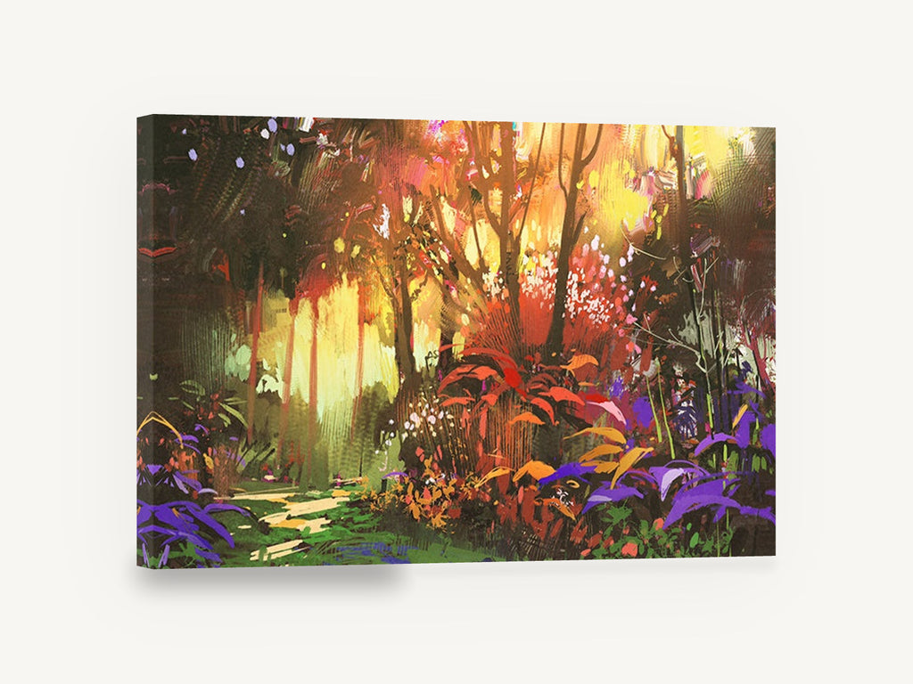Ember Glade Path, colourful sunlit forest path illustration, landscape canvas wall art print ready to hang