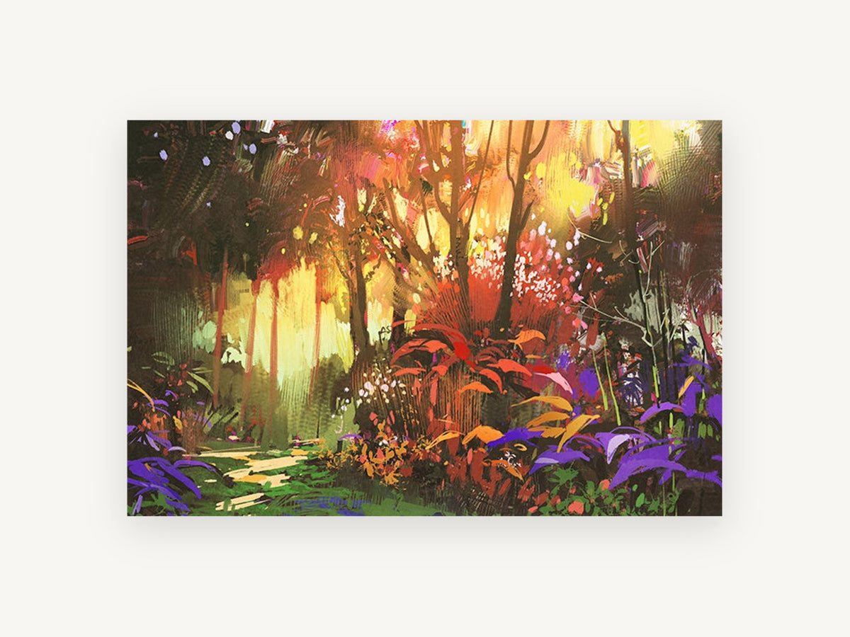 Ember Glade Path, colourful sunlit forest path illustration, landscape canvas wall art print, front view