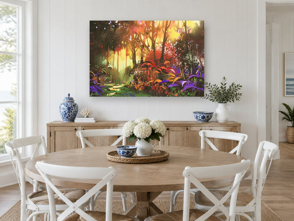 Ember Glade Path landscape canvas print on the wall of a Hamptons dining room