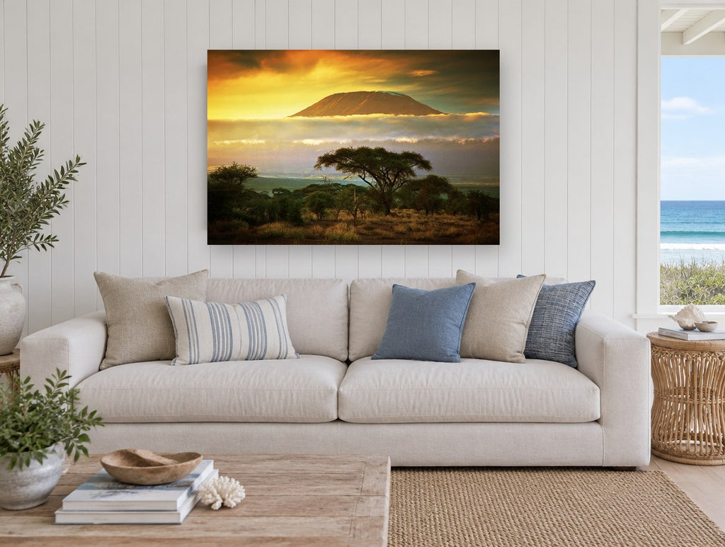 Savanna Peak at Dusk landscape canvas print on the wall of a beach house living room