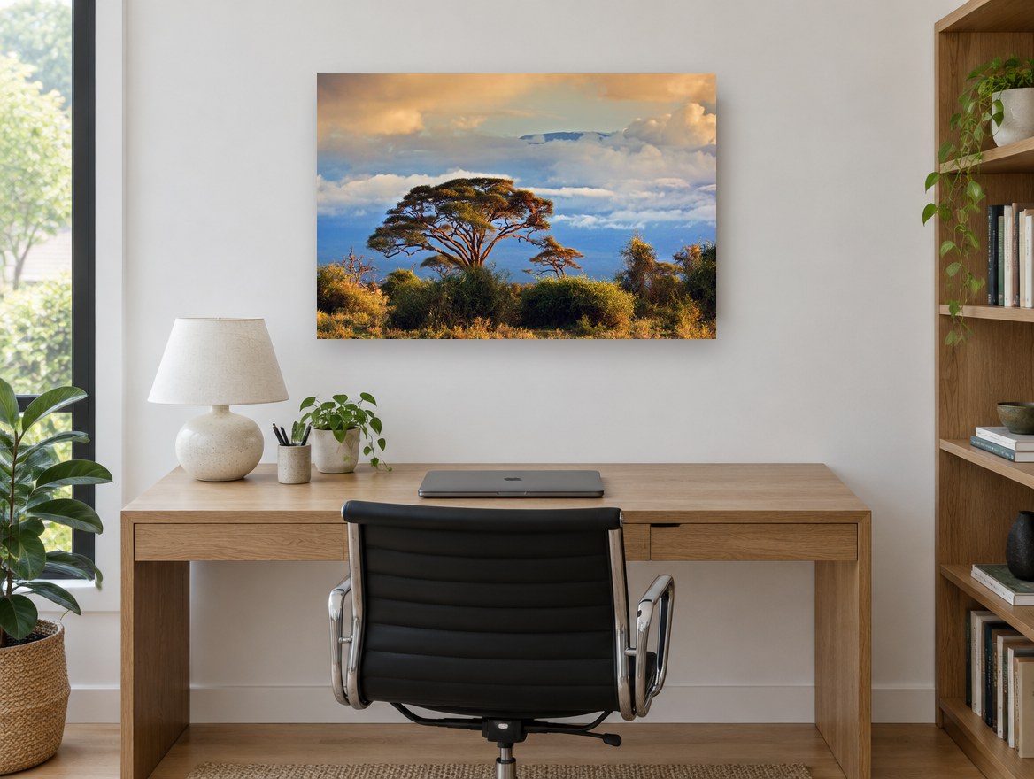 Acacia Under Golden Cloud landscape canvas print on the wall of a study