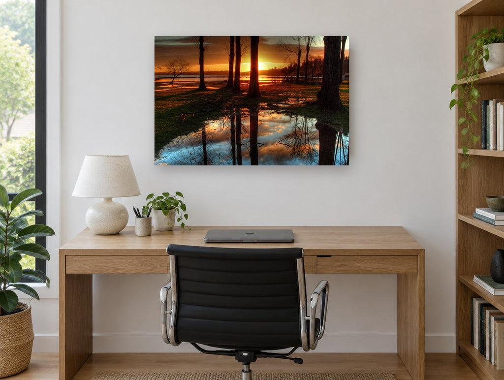 Sunset Puddle Reflections landscape canvas print on the wall of a study