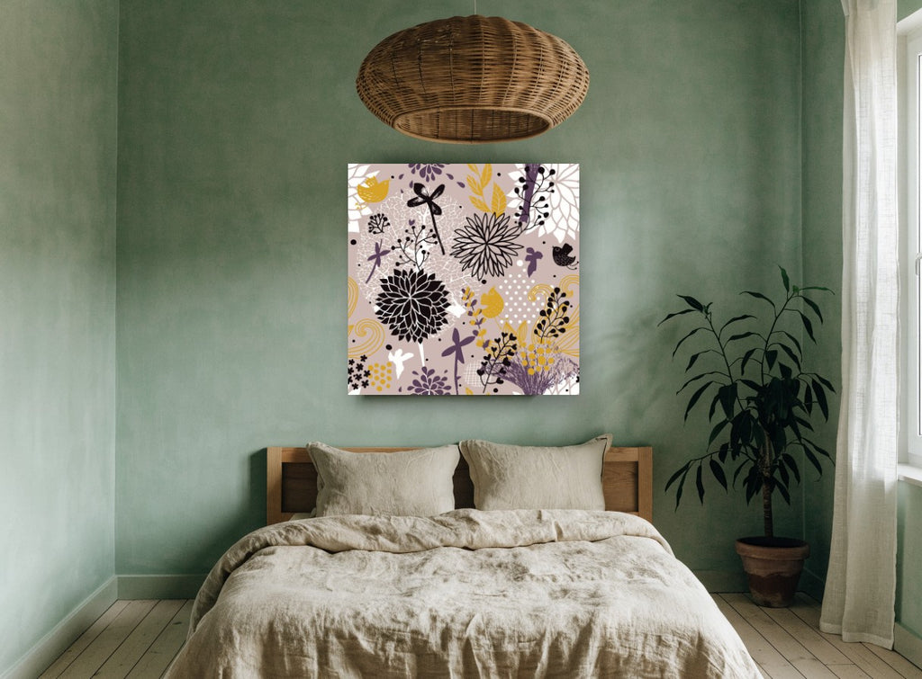 Mauve Garden Birds floral canvas print on the wall of a bedroom