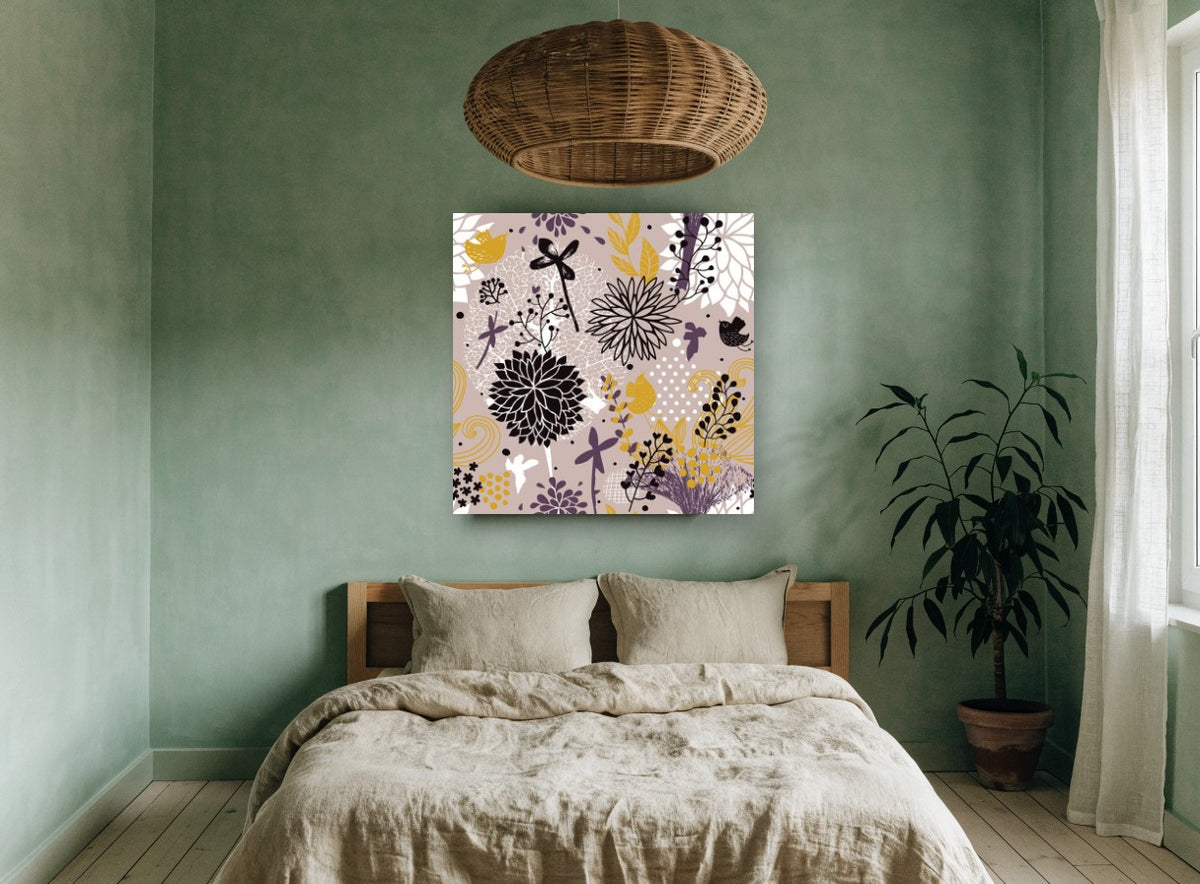 Mauve Garden Birds floral canvas print on the wall of a bedroom