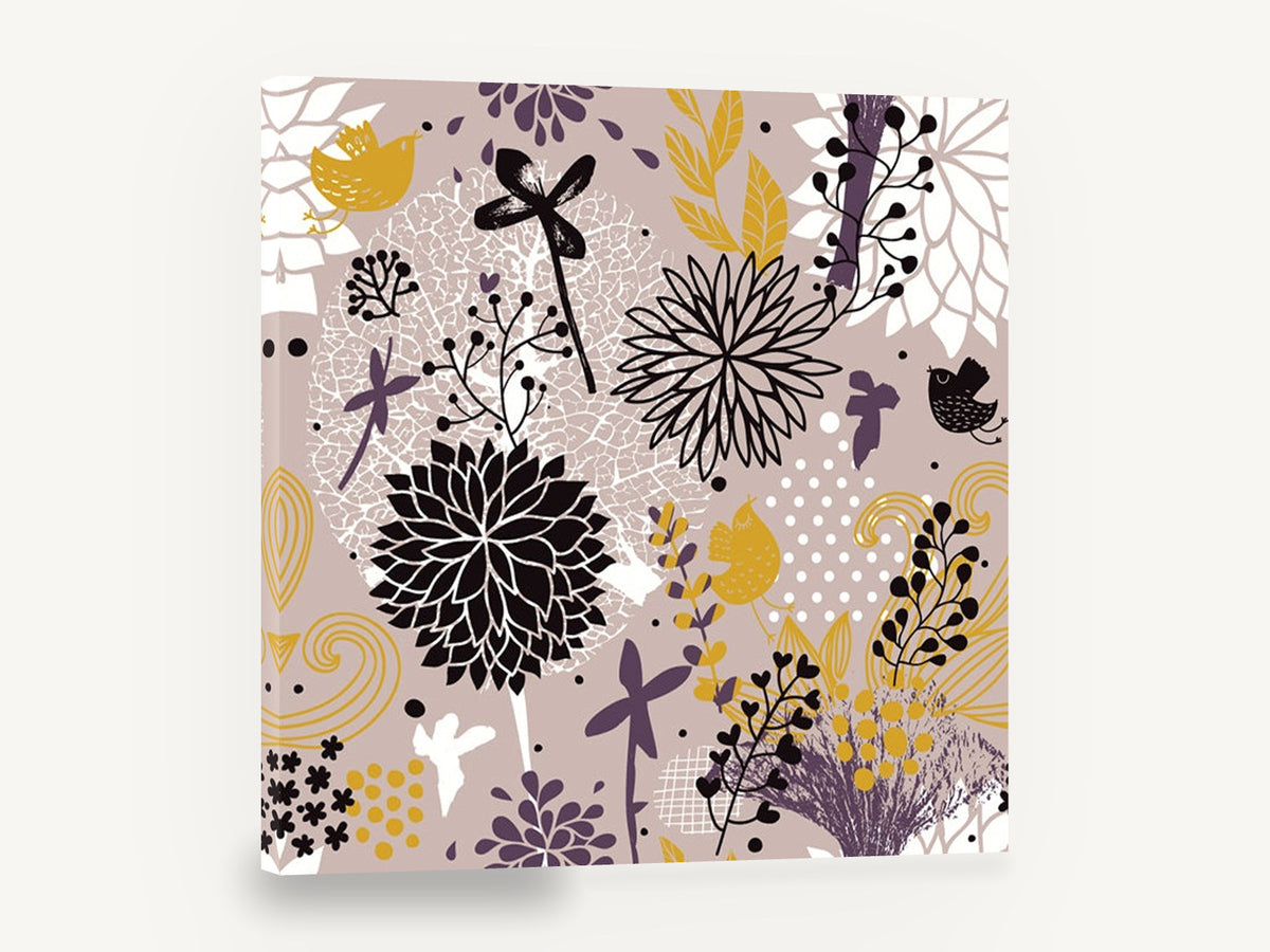 Mauve Garden Birds, folk floral birds pattern illustration, floral canvas wall art print ready to hang