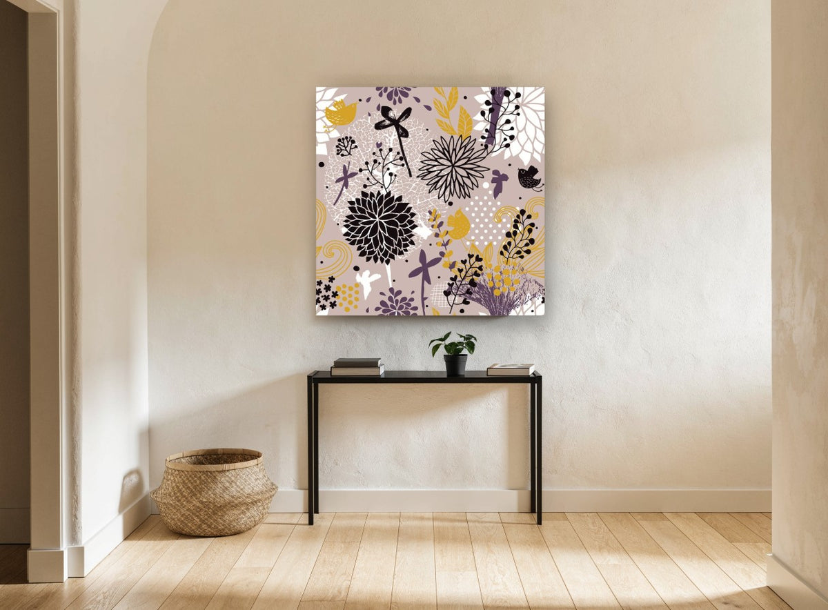 Mauve Garden Birds floral canvas print on the wall of a hallway