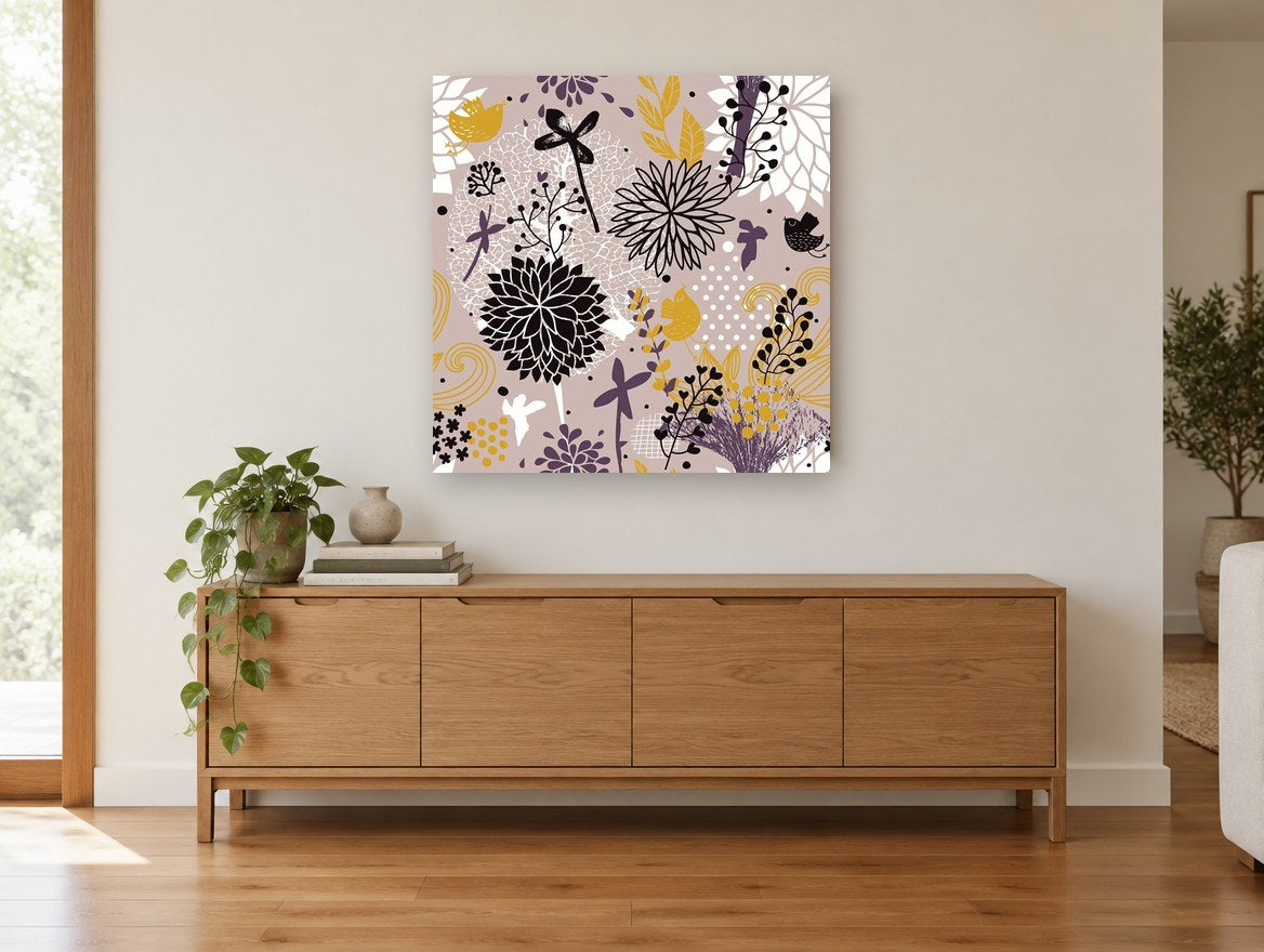 Mauve Garden Birds floral canvas print on the wall of a living room above a sideboard