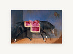 Saddled Black Stallion, black horse crimson saddle painting, animal canvas wall art print, front view