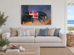 Saddled Black Stallion animal canvas print on the wall of a beach house living room