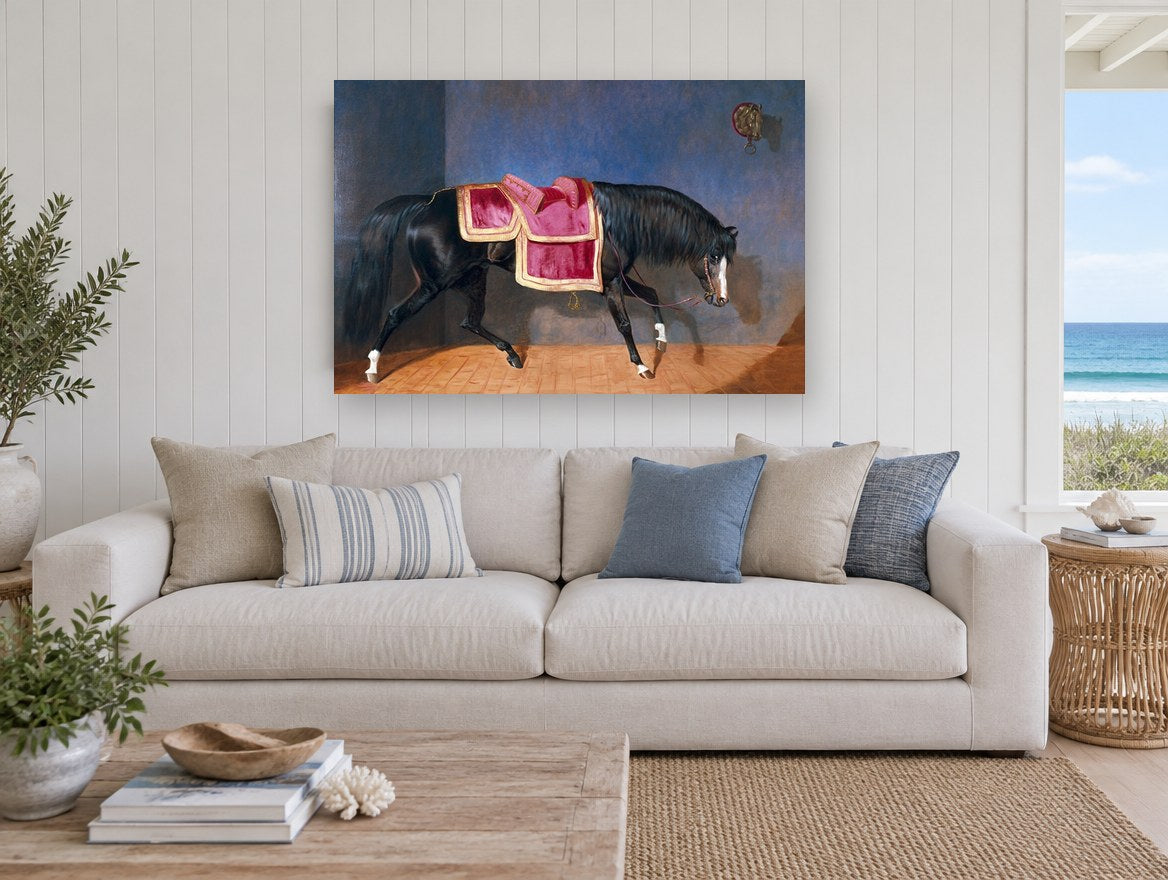 Saddled Black Stallion animal canvas print on the wall of a beach house living room