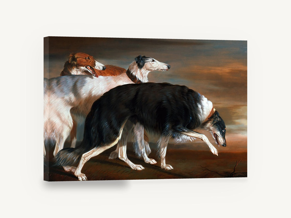 Three Borzoi at Dusk, borzoi hounds classical portrait, animal canvas wall art print ready to hang