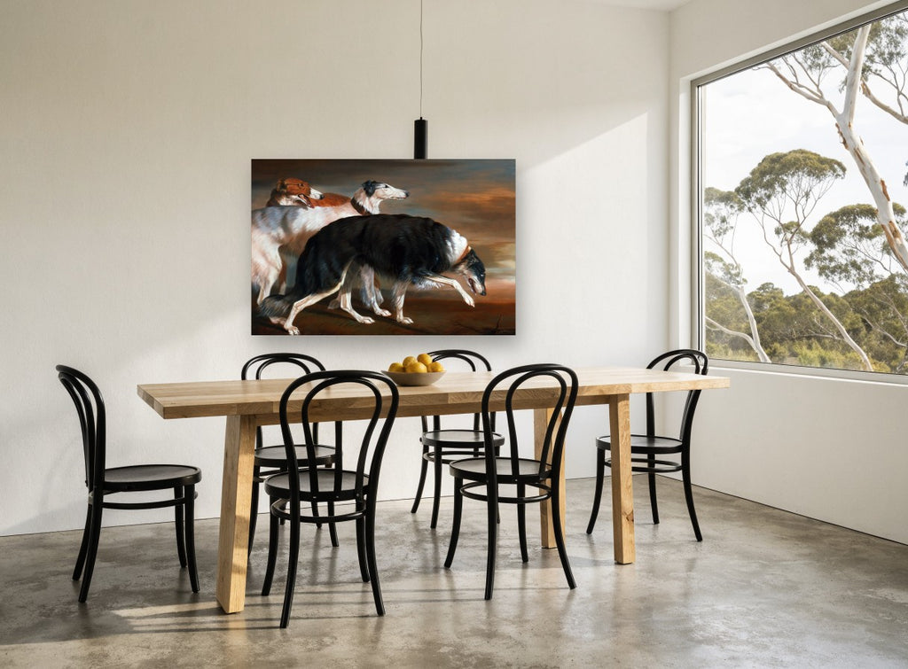 Three Borzoi at Dusk animal canvas print on the wall of a dining room