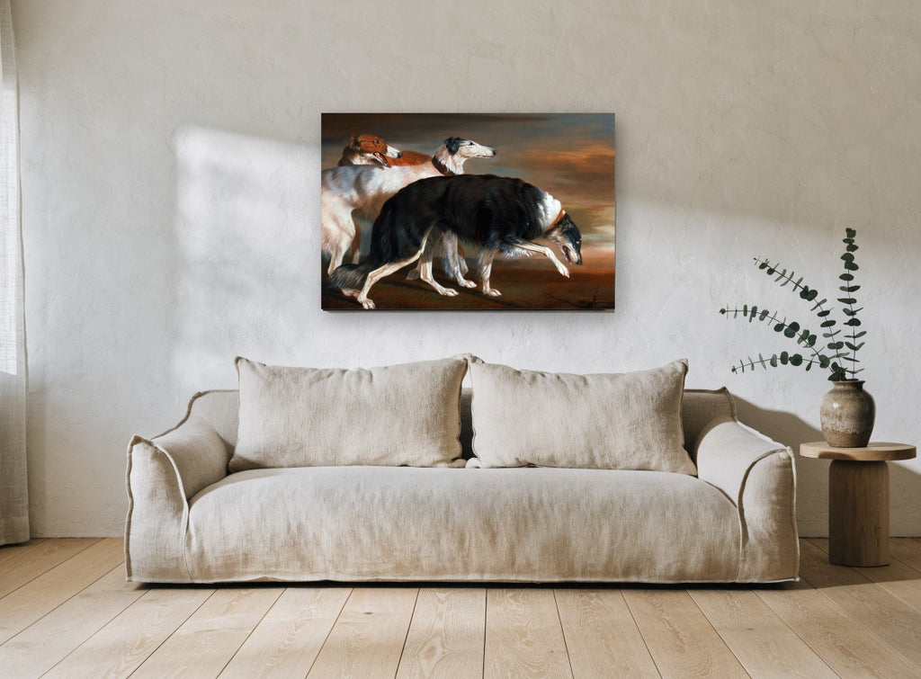 Three Borzoi at Dusk animal canvas print on the wall of a living room