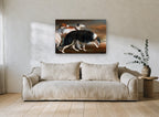 Three Borzoi at Dusk animal canvas print on the wall of a living room