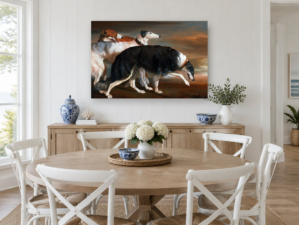 Three Borzoi at Dusk animal canvas print on the wall of a Hamptons dining room