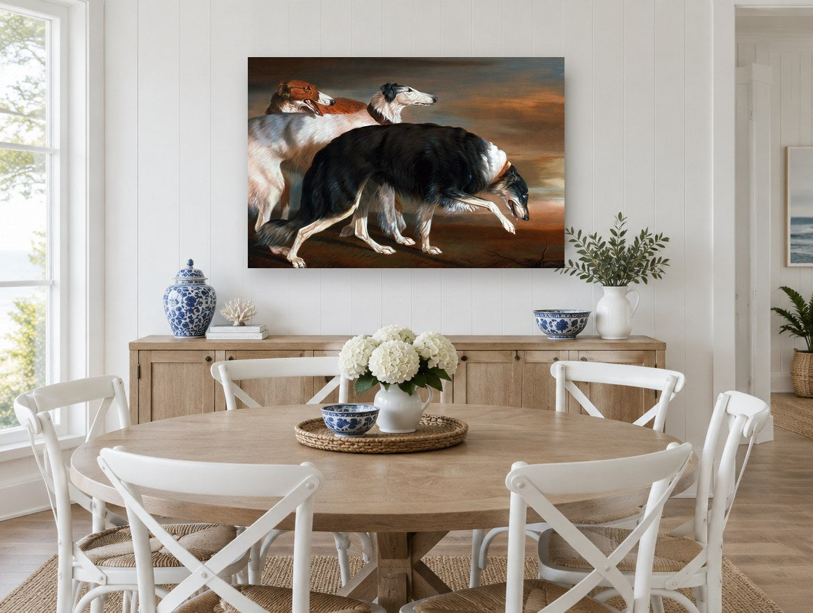 Three Borzoi at Dusk animal canvas print on the wall of a Hamptons dining room