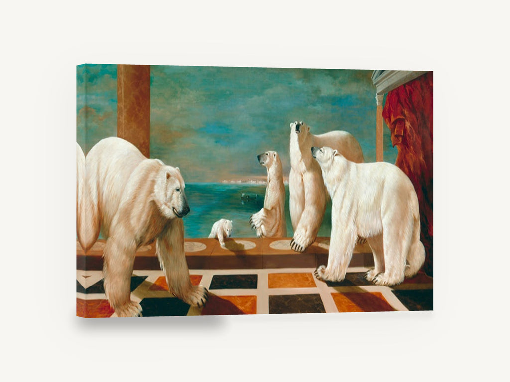 Polar Bears on the Terrace, polar bears on marble terrace painting, animal canvas wall art print ready to hang