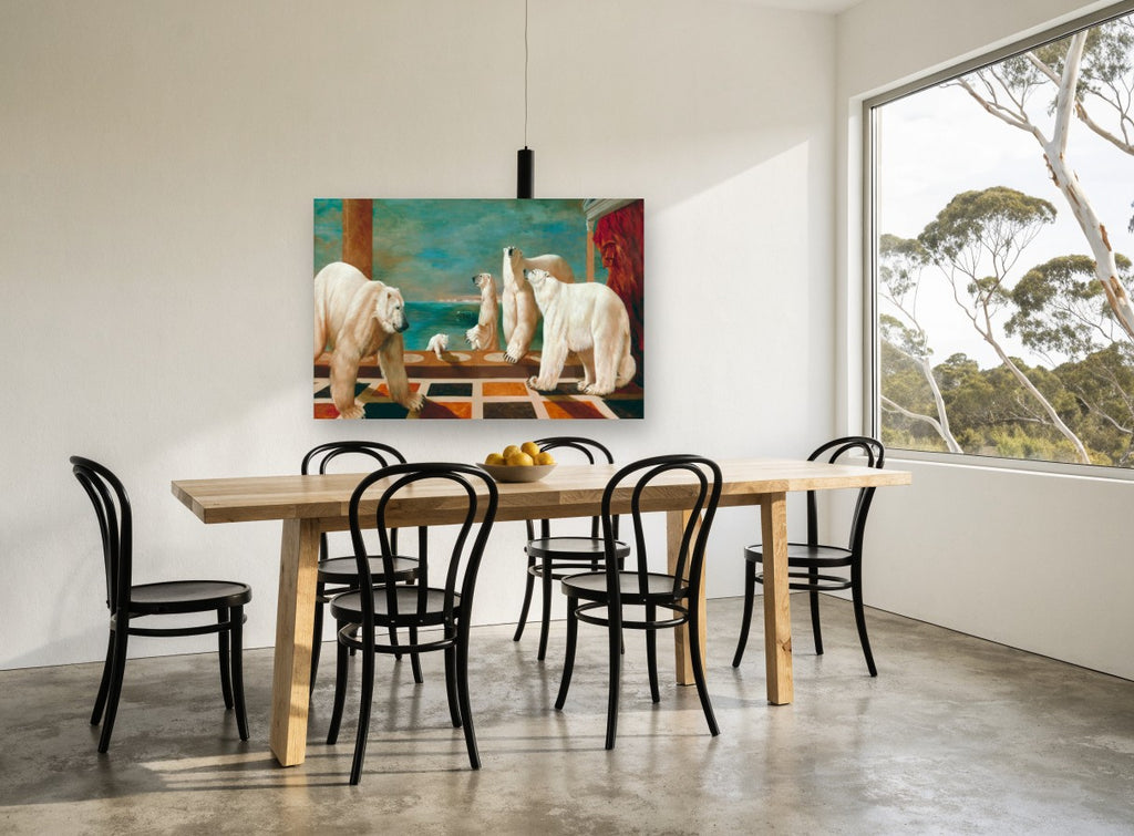 Polar Bears on the Terrace animal canvas print on the wall of a dining room