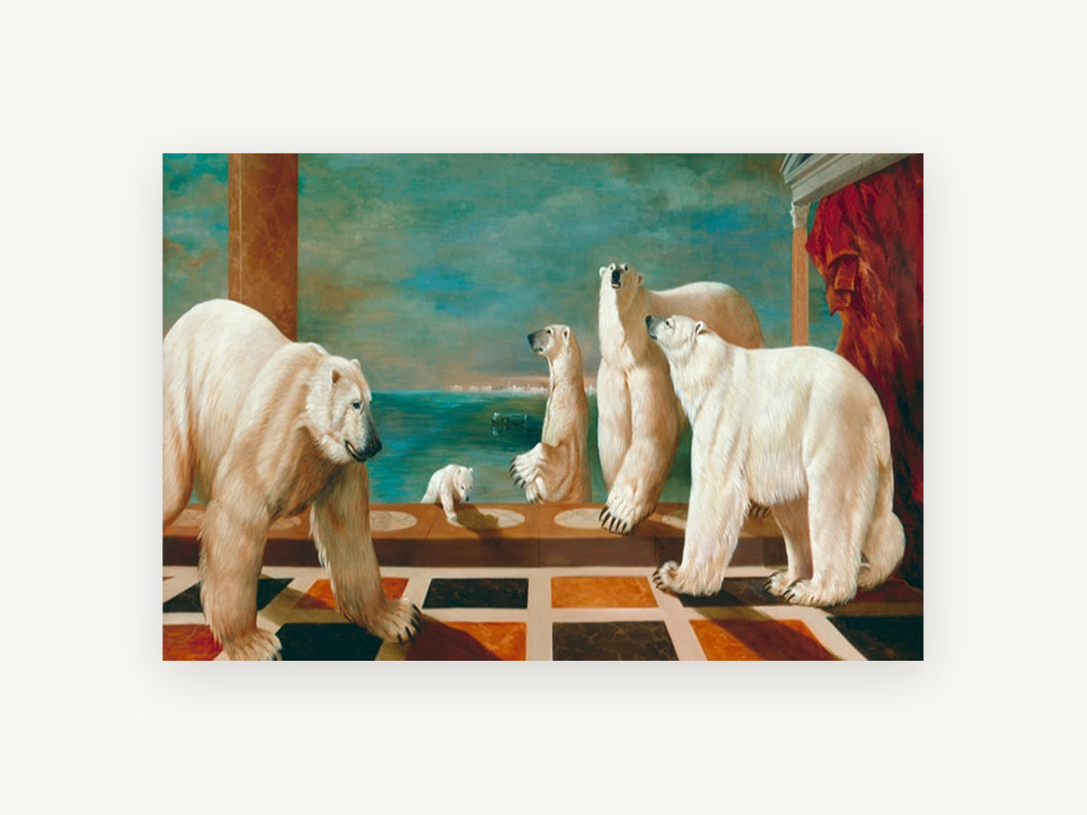 Polar Bears on the Terrace, polar bears on marble terrace painting, animal canvas wall art print, front view