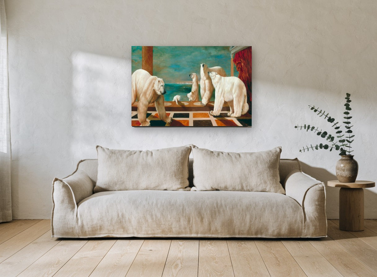 Polar Bears on the Terrace animal canvas print on the wall of a living room