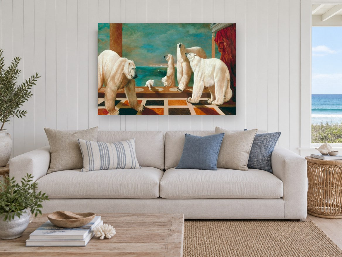 Polar Bears on the Terrace animal canvas print on the wall of a beach house living room