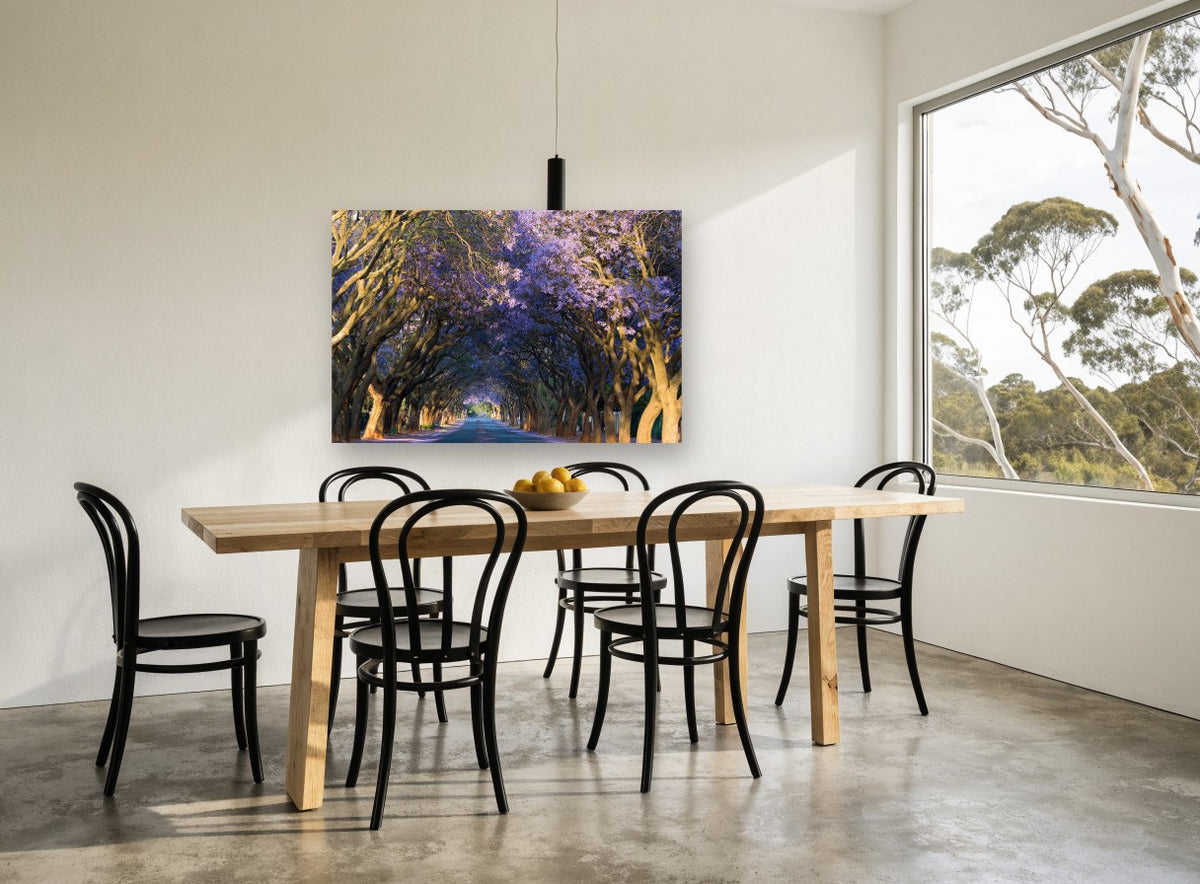 Jacaranda Tunnel Road landscape canvas print on the wall of a dining room