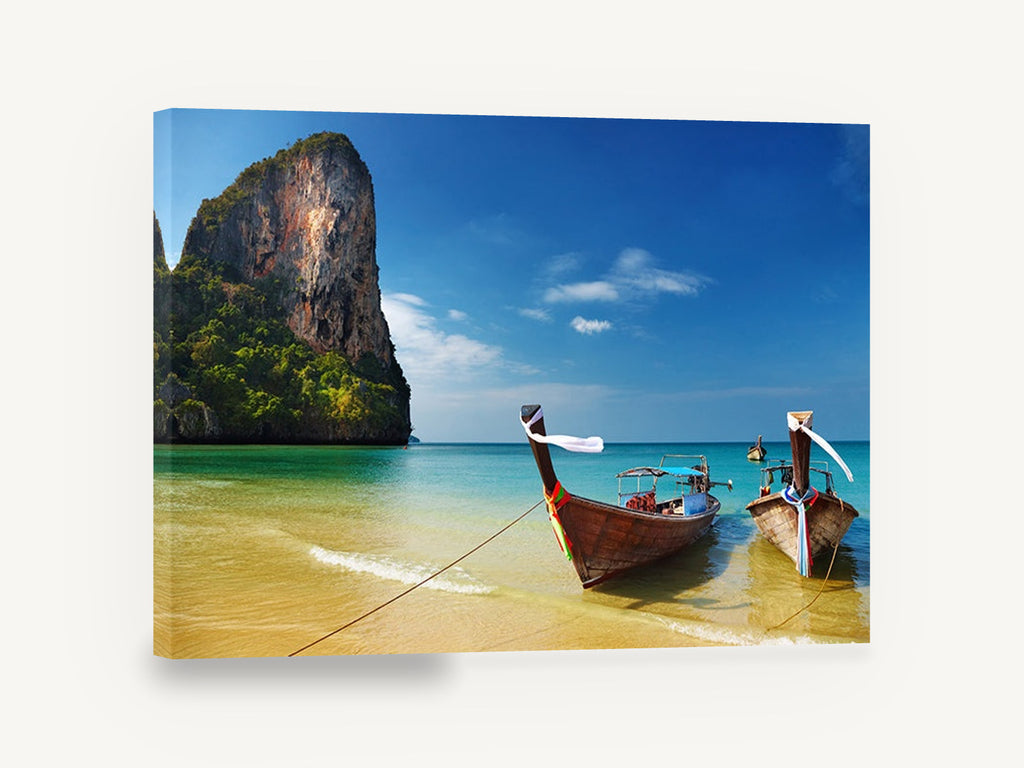 Longtails on Golden Shore, thai longtail boats beach photograph, coastal canvas wall art print ready to hang