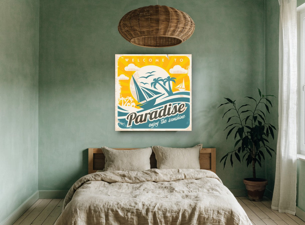 Welcome to Paradise vintage canvas print on the wall of a bedroom