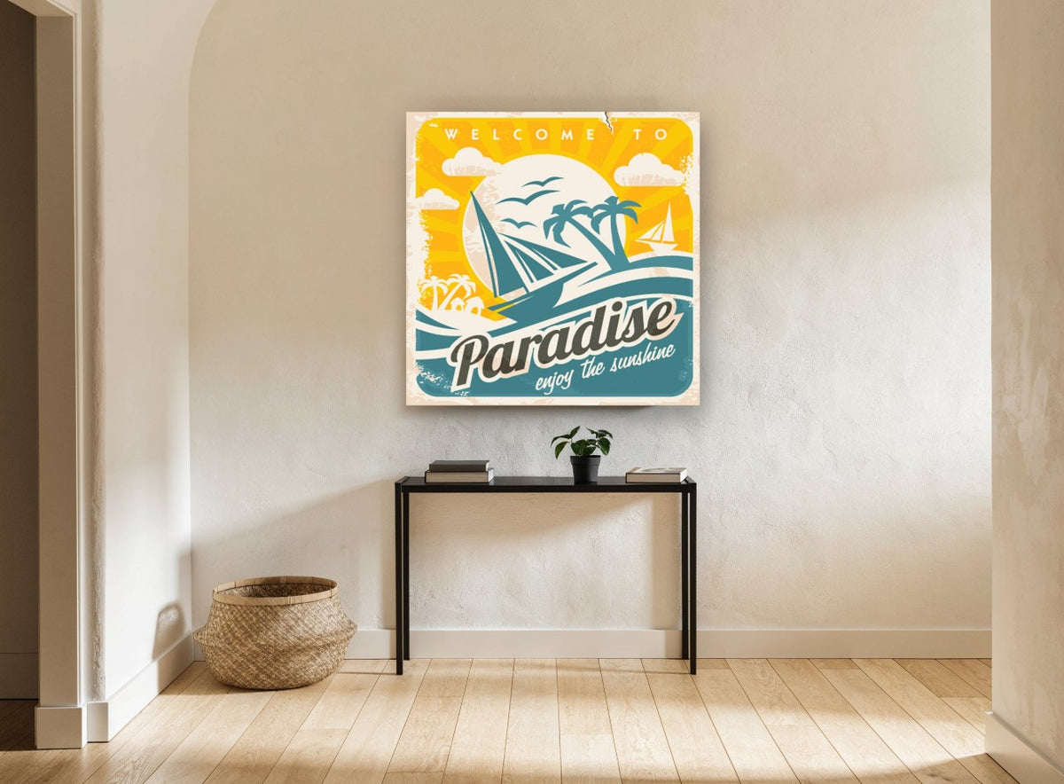 Welcome to Paradise vintage canvas print on the wall of a hallway