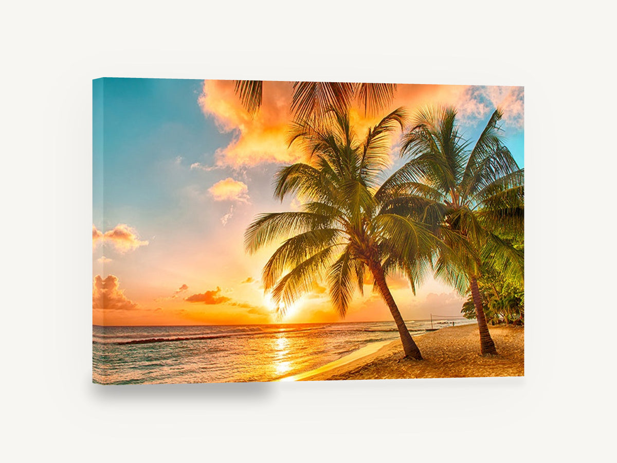 Golden Palms at Sunset, tropical beach palm trees sunset photograph, coastal canvas wall art print ready to hang