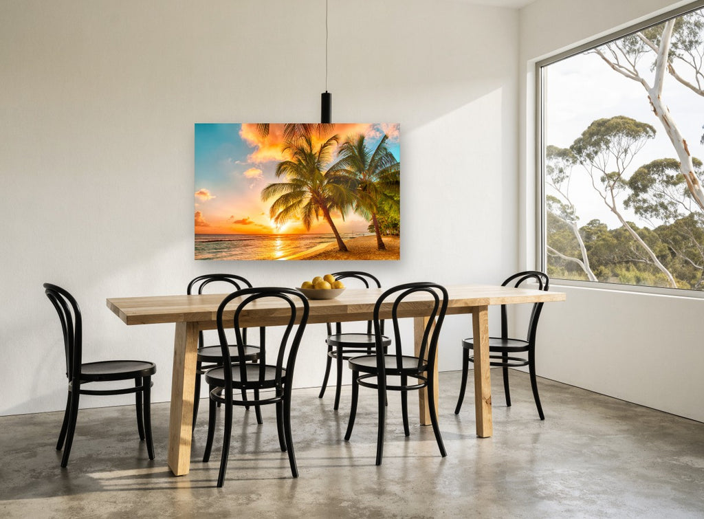 Golden Palms at Sunset coastal canvas print on the wall of a dining room