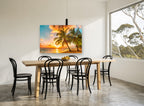 Golden Palms at Sunset coastal canvas print on the wall of a dining room