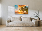 Golden Palms at Sunset coastal canvas print on the wall of a living room