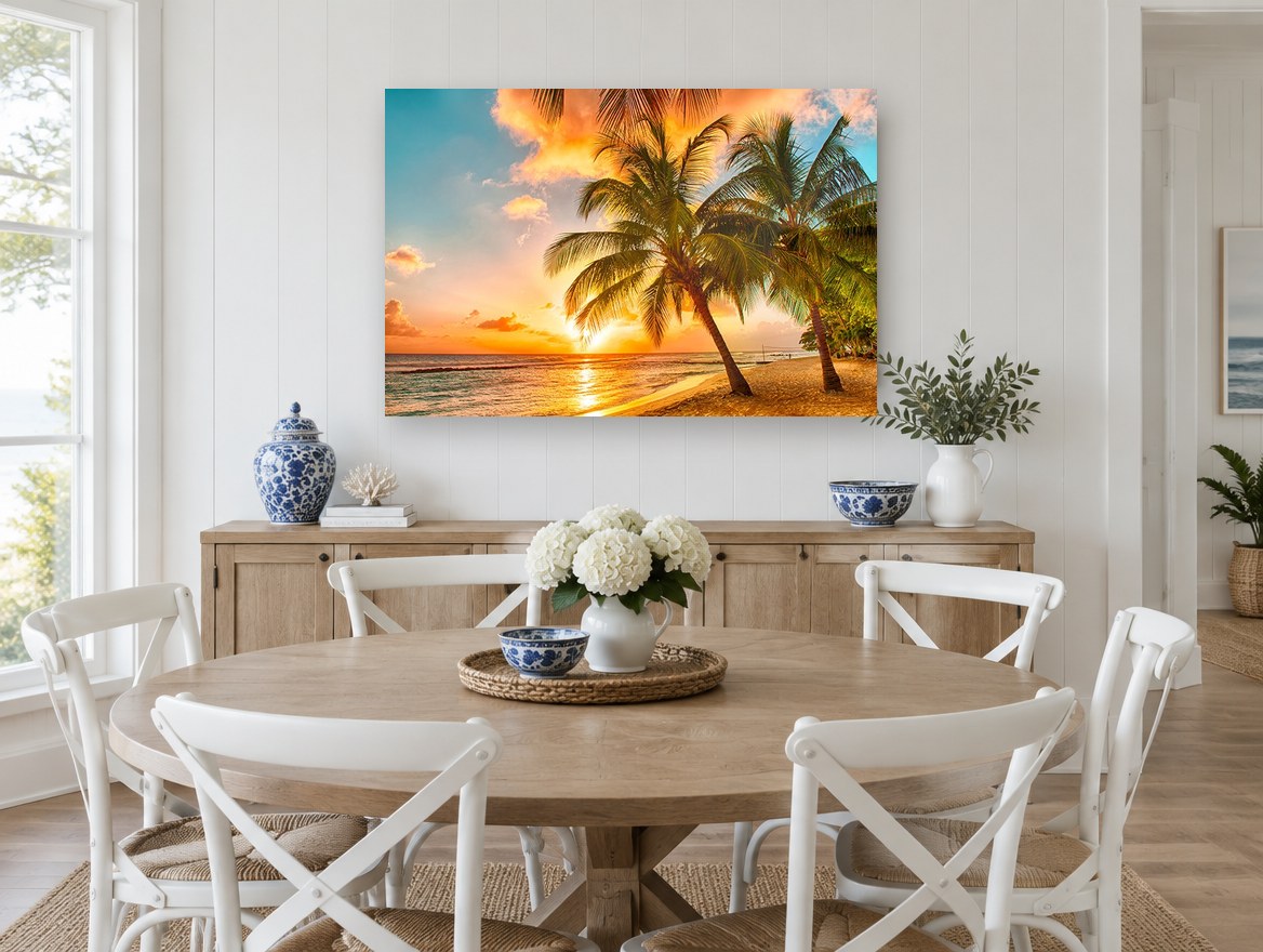 Golden Palms at Sunset coastal canvas print on the wall of a Hamptons dining room