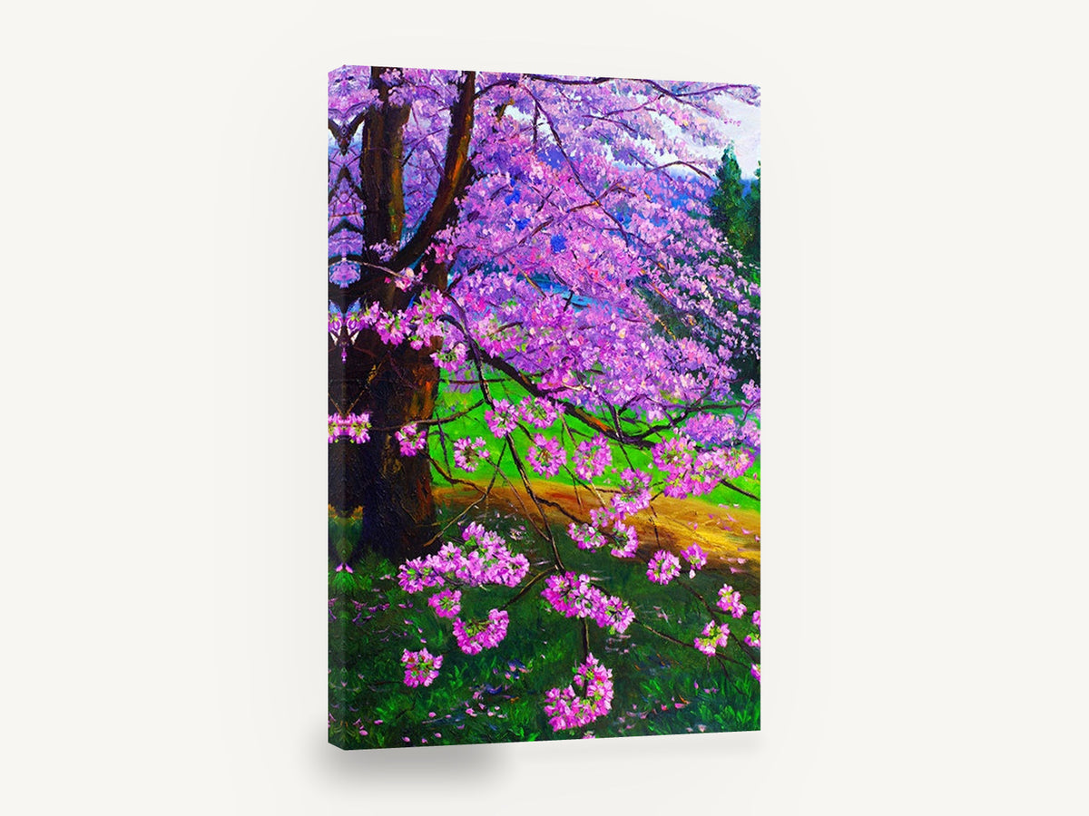 Magenta Blossom Lane, purple blossom tree painting landscape, floral canvas wall art print ready to hang