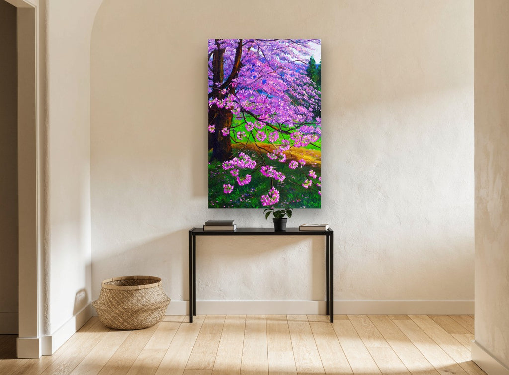 Magenta Blossom Lane floral canvas print on the wall of a hallway