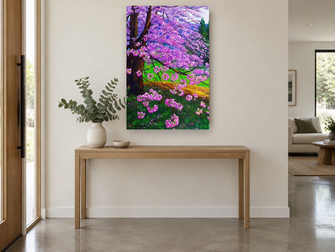 Magenta Blossom Lane floral canvas print on the wall of a entry hall