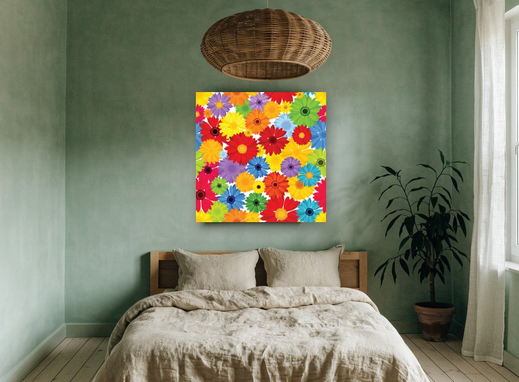 Rainbow Gerbera Bloom floral canvas print on the wall of a bedroom