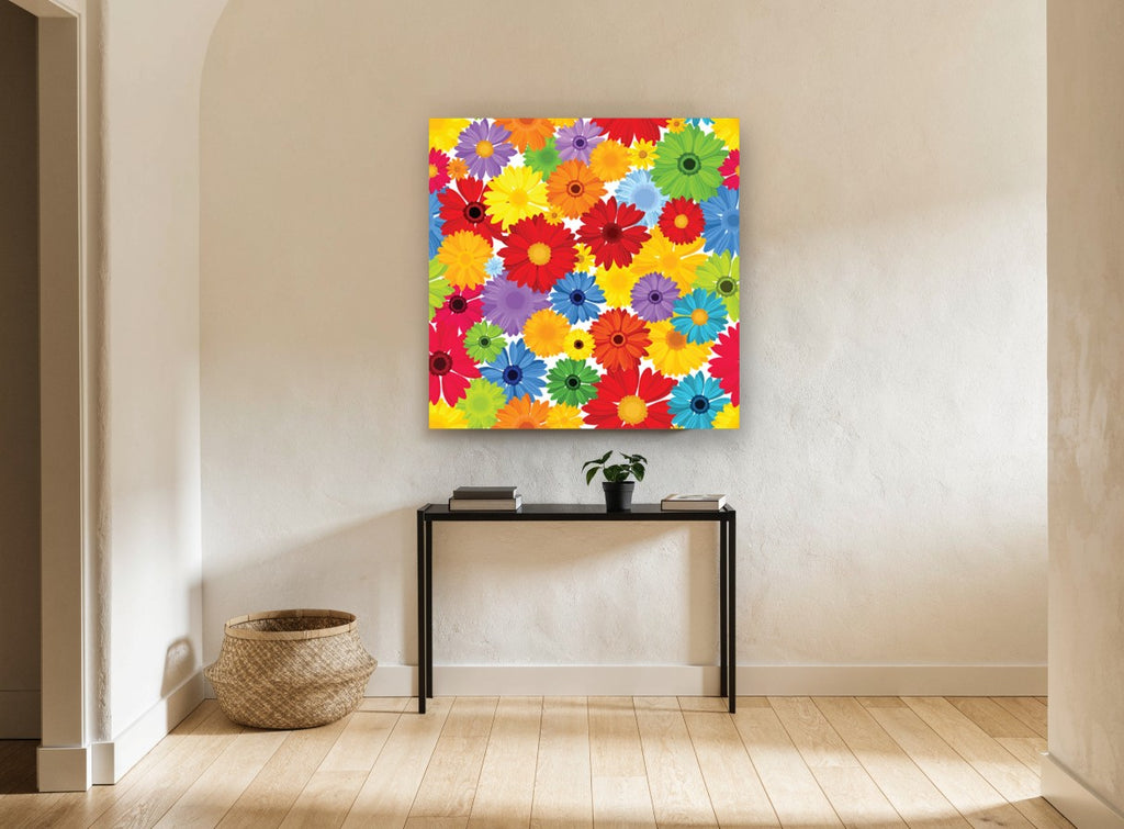Rainbow Gerbera Bloom floral canvas print on the wall of a hallway