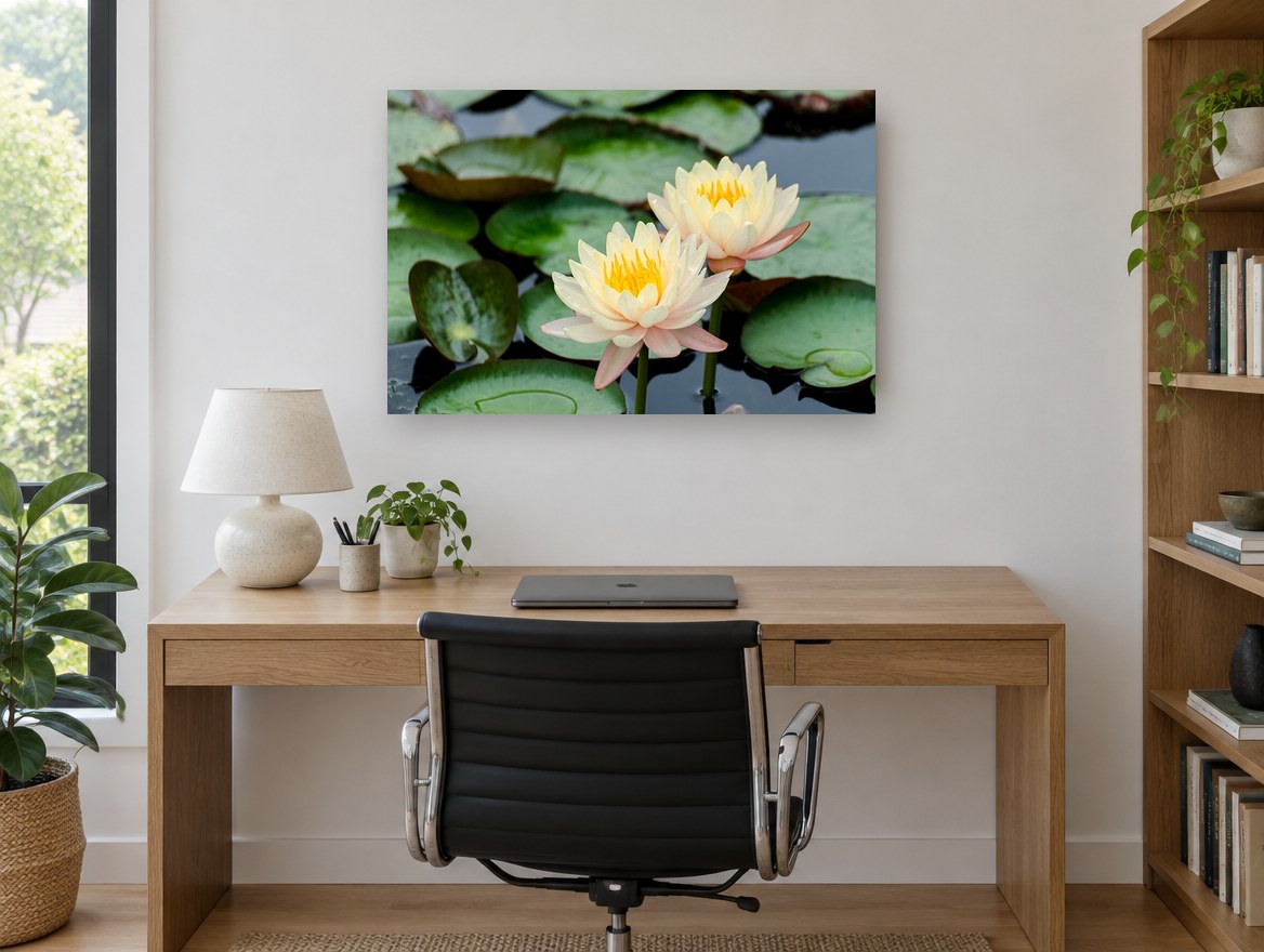 Twin Water Lilies floral canvas print on the wall of a study
