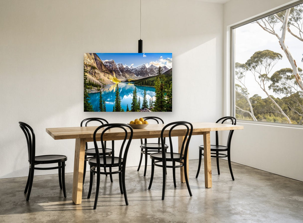 Turquoise Alpine Reflection landscape canvas print on the wall of a dining room